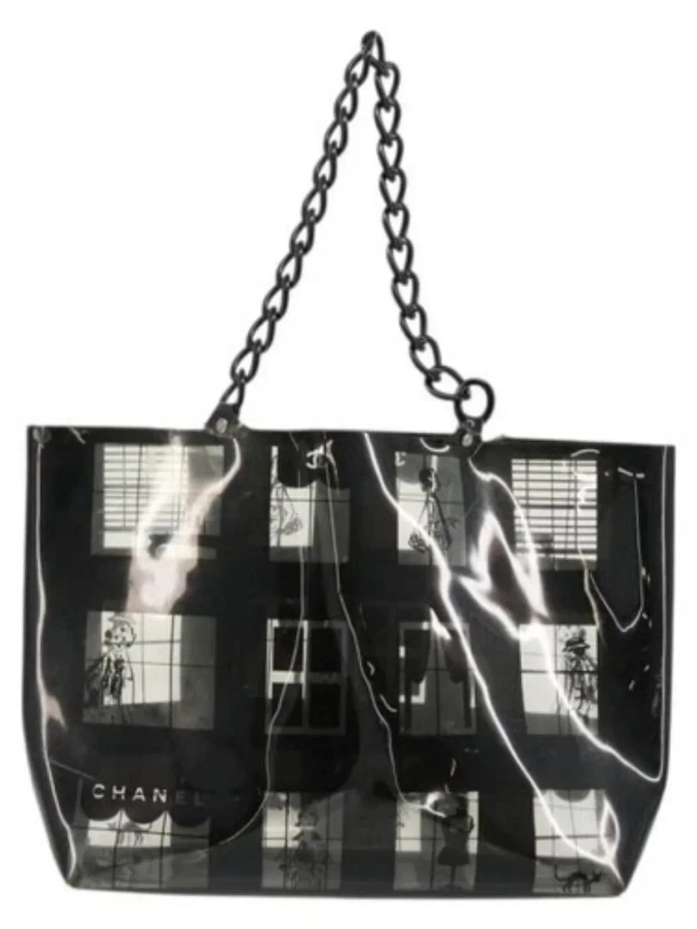 CHANEL Windows Line Chain Shoulder Tote Bag Vinyl Black Silver CC Auth BA12235